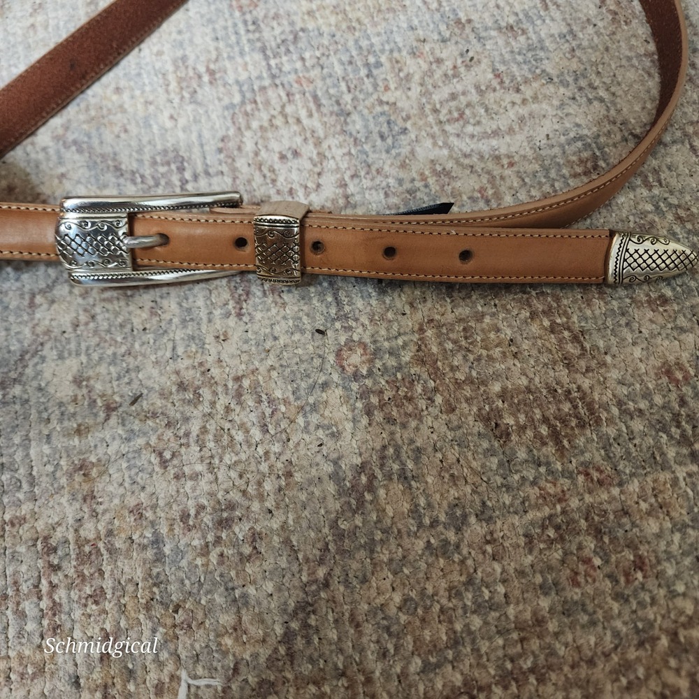 Brighton Tan Brown Leather Skinny Western Belt Silver Engraved Hardware XL 36